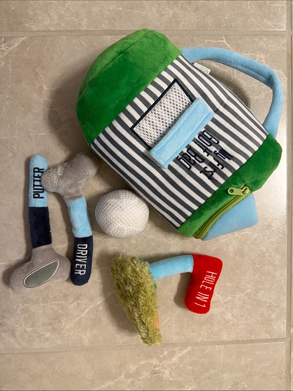 Plush Kids Golf Set Toy Bag with Clubs and Ball - Blue, Green, Red